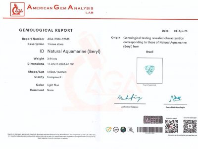 Certificate Aquamarine trillion cut 3.94 carats, Brazil