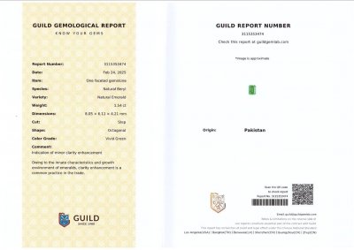 Certificate Vivid green emerald in octagon cut 1.54 carats, Pakistan