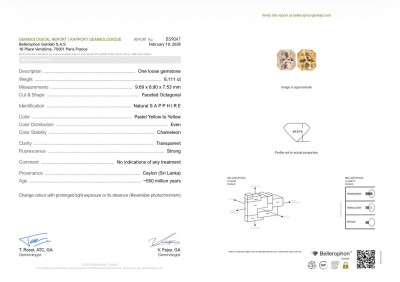 Certificate Unheated Pastel Yellow sapphire in radiant cut 6.11 carats, Sri Lanka
