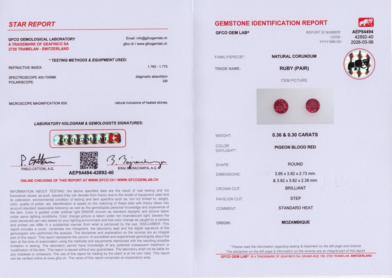 Pair of rubies Pegeon Blood Red round cut 0.66 carats, Mozambique  Image №4