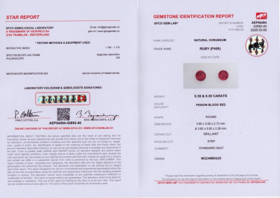 Certificate Pair of rubies Pegeon Blood Red round cut 0.66 carats, Mozambique 