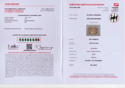 Certificate Unheated Intense Yellow sapphire in octagon cut 9.01 carats, Sri Lanka