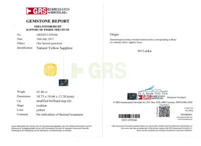 Certificate Unheated yellow sapphire cushion cut  45.46 carats, Sri Lanka