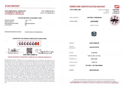 Certificate Teal sapphire cushion cut 0.95 ct, Madagascar