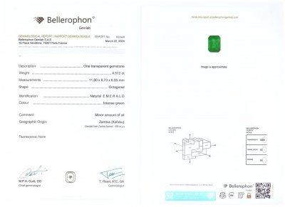 Certificate Intense Green emerald 4.51 carats in octagon cut, Zambia
