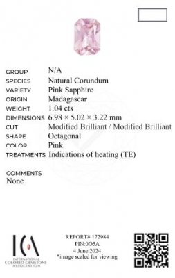 Certificate Baby pink sapphire in radiant cut 1.04 carats, Madagascar
