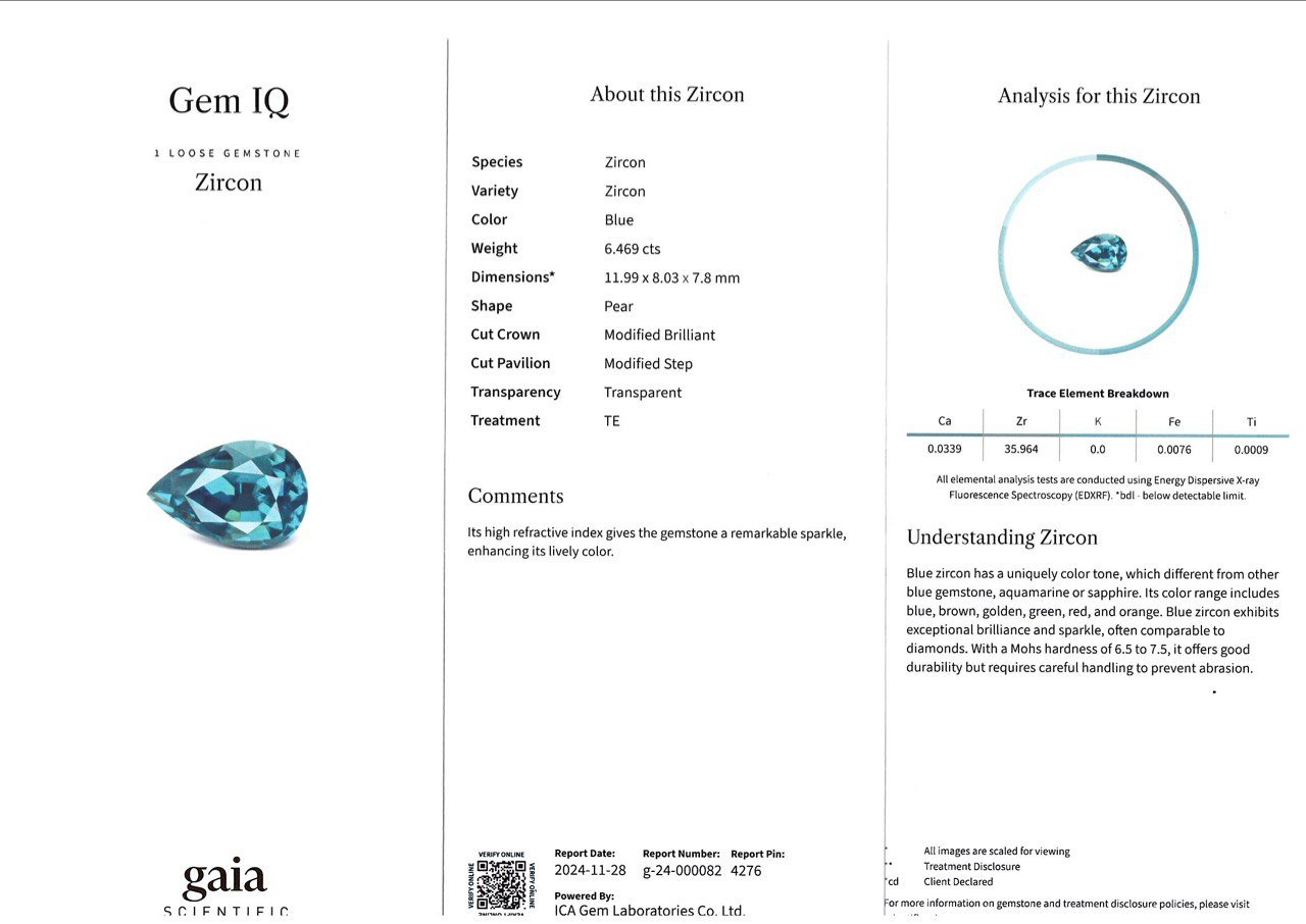 Pear Cut Blue Zircon 6.47ct Cambodia Image №6