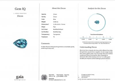 Certificate Pear Cut Blue Zircon 6.47ct Cambodia