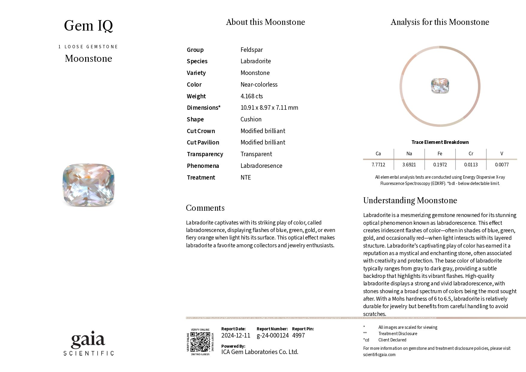 Rainbow moonstone in faceted cushion cut 4.17 carats, Madagascar Image №6