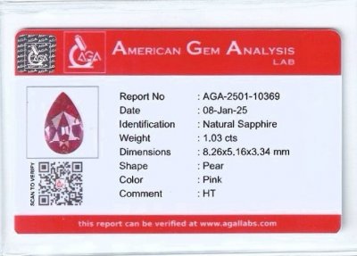 Certificate Unheated pear cut vivid pink sapphire 1.03 carats, Madagascar