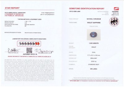 Certificate Purple sapphire in oval cut 1.55 carats, Sri Lanka