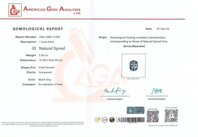 Certificate Bluish grey spinel cushion cut 3.38 carats, Burma