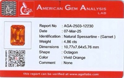 Certificate Garnet spessartine Fanta color radiant cut 4.86 carats