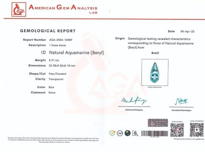 Certificate Aquamarine pear cut 8.91 carats, Brazil