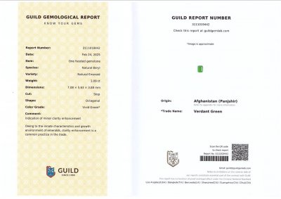 Certificate Vivid green emerald in octagon cut 1.09 carats, Panjshir