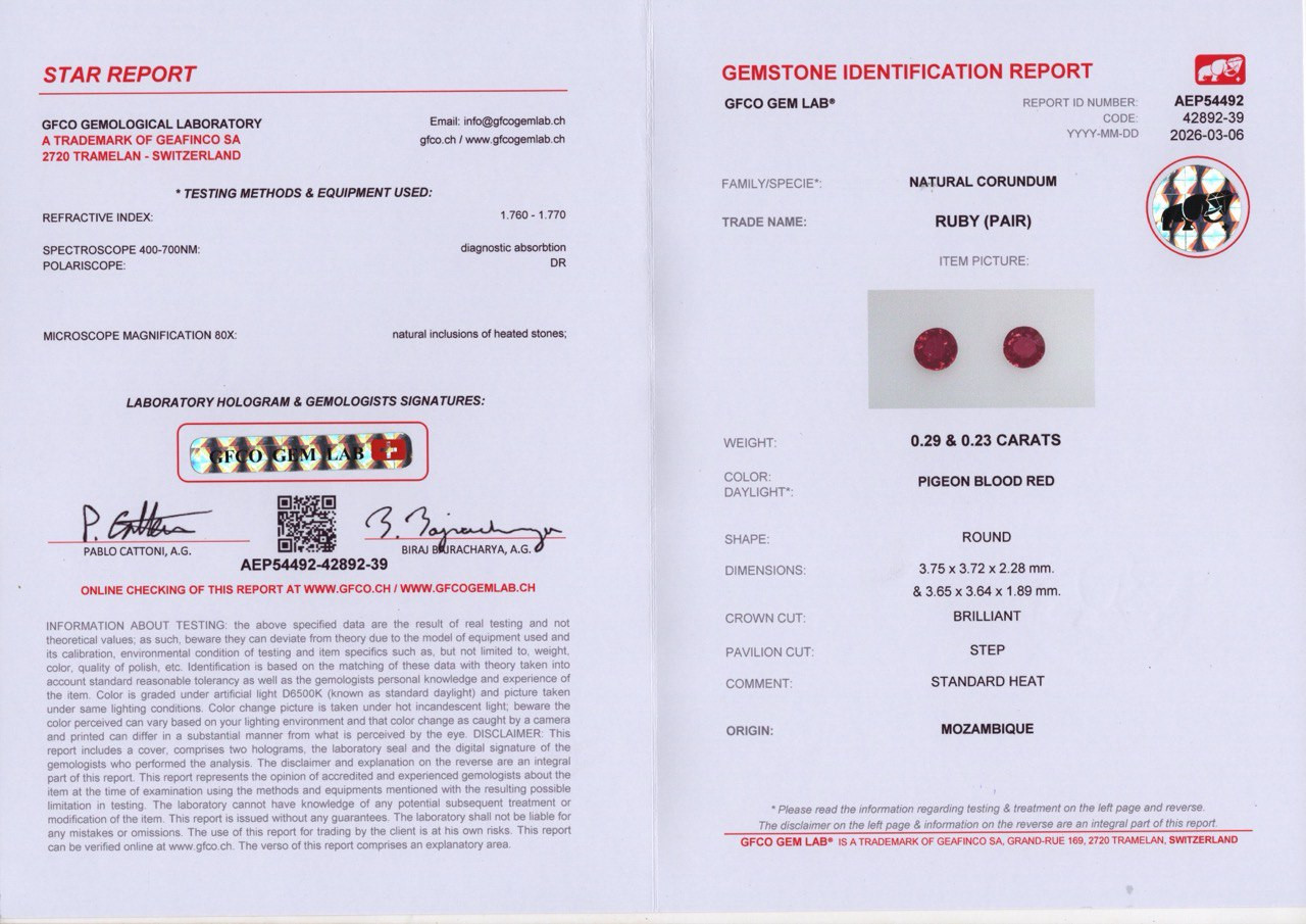 Pair of rubies Pegeon Blood Red round cut 0.52 carats, Mozambique  Image №4