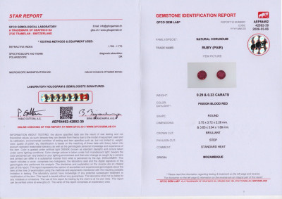 Certificate Pair of rubies Pegeon Blood Red round cut 0.52 carats, Mozambique 