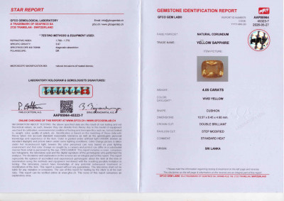 Certificate Sapphire Vivid Yellow Golden in cushion cut 4.05 carats, Sri Lanka