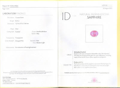Certificate Unheated Padparadscha sapphire oval cut 8.25 carats, Sri Lanka 
