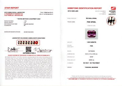 Certificate Pink spinel Mahenge octagon cut 1.09 carats, Tanzania