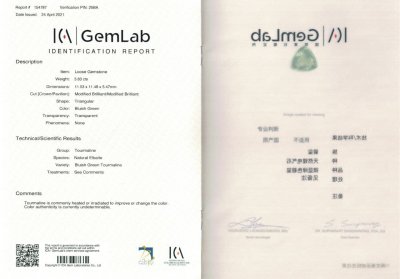 Certificate Blue tourmaline, trillion 3.83ct cut, ICA
