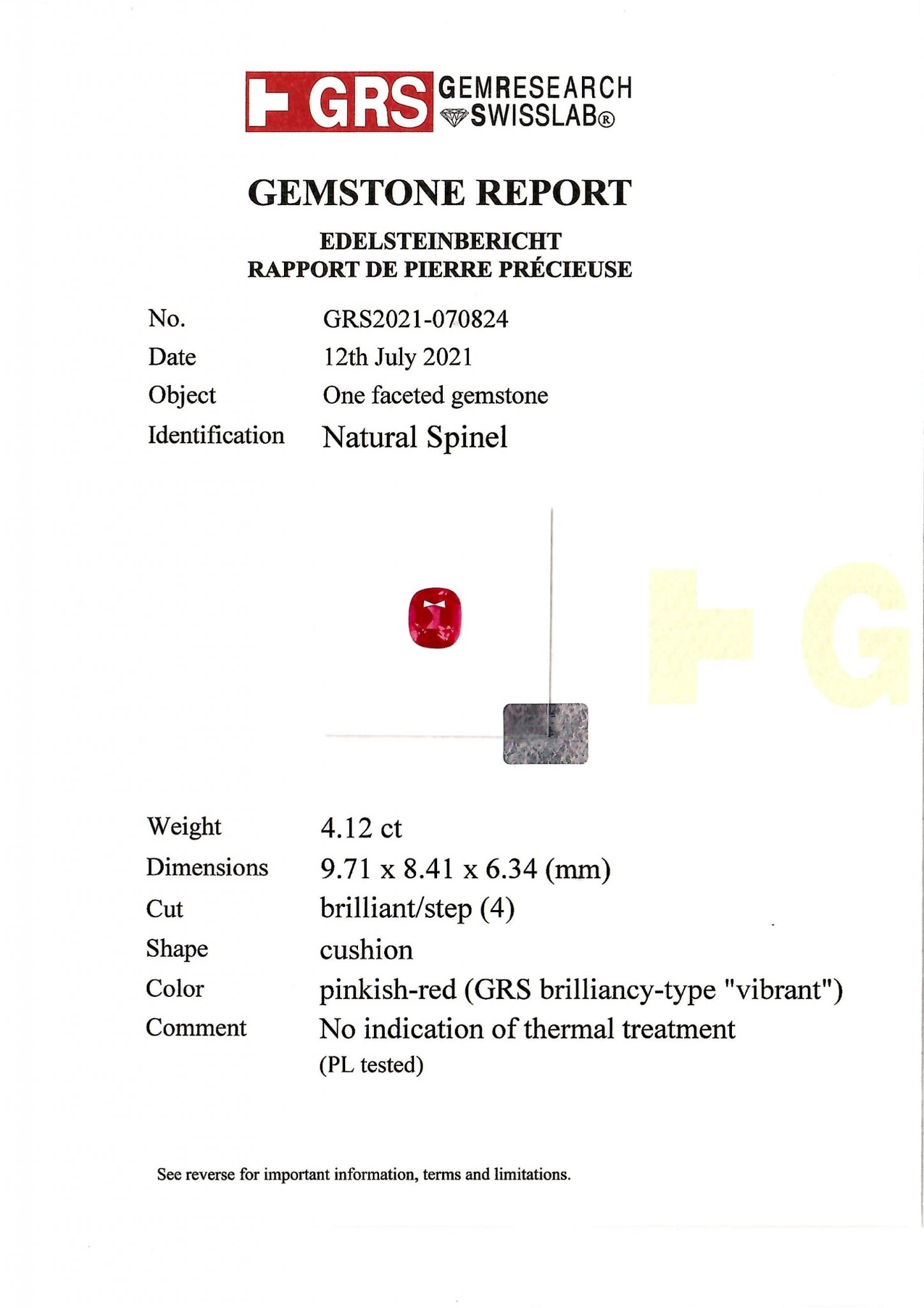 Unique pink-red spinel Mahenge 4.12 carats, GRS brilliancy-type Vibrant, ICA Book Image №4
