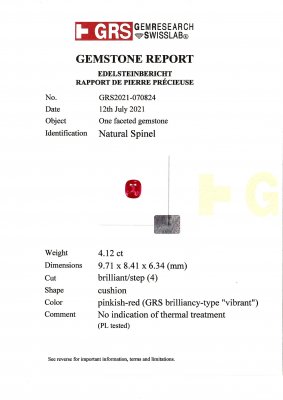 Certificate Unique pink-red spinel Mahenge 4.12 carats, GRS brilliancy-type Vibrant, ICA Book