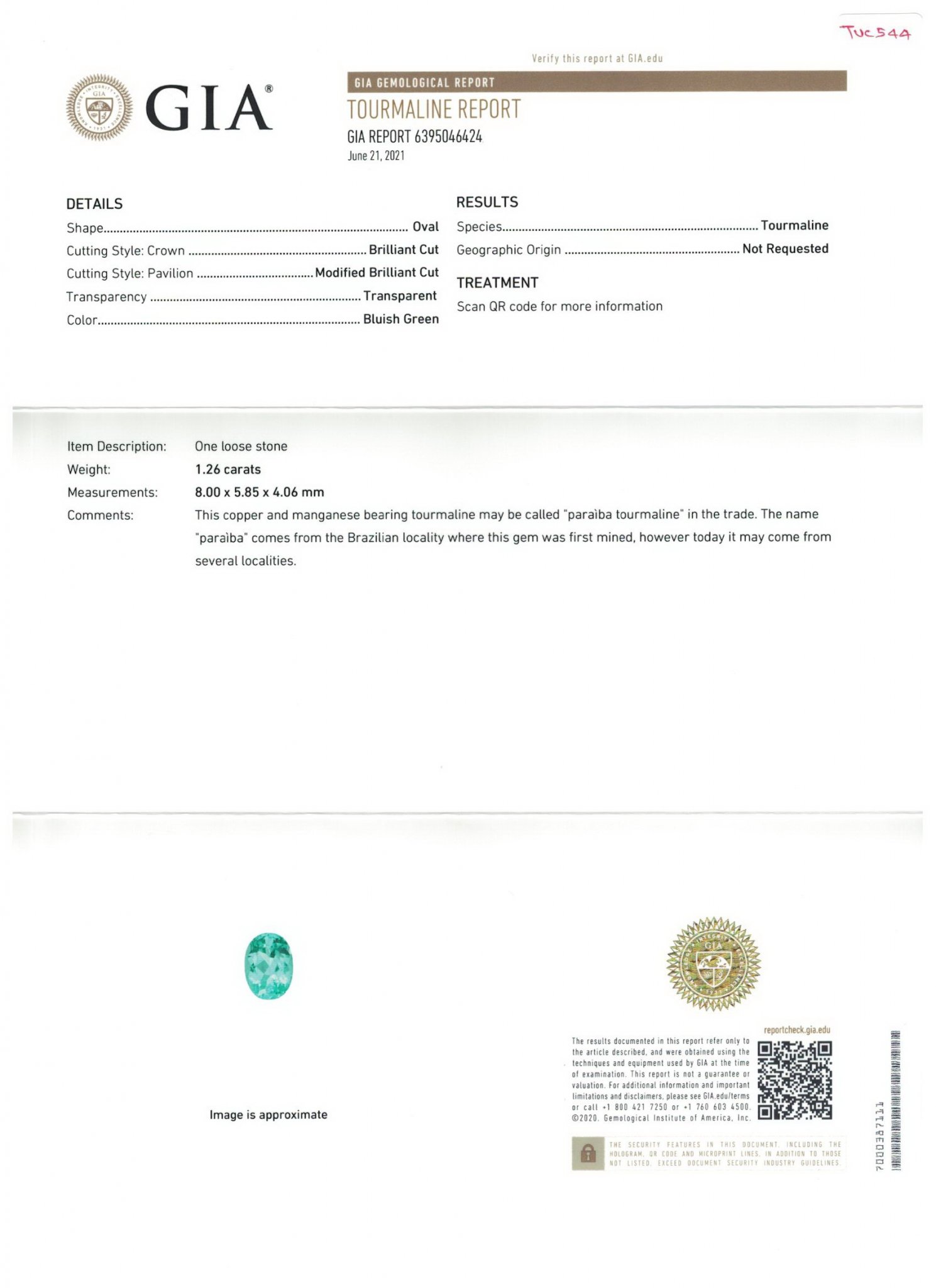 Greenish blue Paraiba tourmaline, 1.26 ct oval cut from Mozambique, GIA Image №4