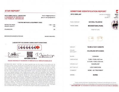 Certificate Pair of moonstones from Burma in sugarloaf cut 21.09 ct