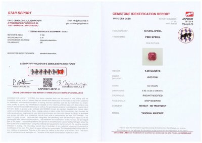 Certificate Red-pink radiant-cut Mahenge spinel 1.09 carats, Tanzania