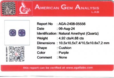 Certificate Pair of cushion cut amethysts 9.60 carats, Brazil 