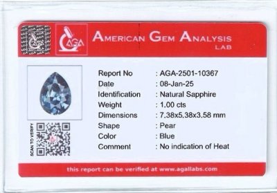 Certificate Unheated pear shaped blue sapphire 1.00 carats, Madagascar