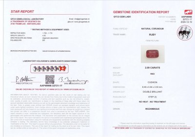 Certificate Unheated ruby in cushion cut 2.09 carats, Mozambique