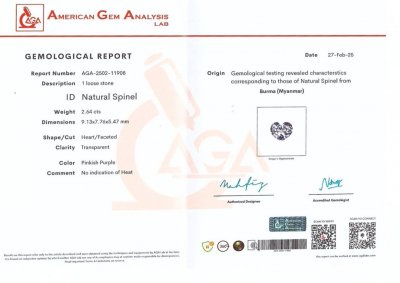 Certificate Lavender spinel in heart shape 2.64 carats, Burma