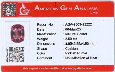 Certificate Purple Spinel cushion cut 2.59 carats, Tanzania