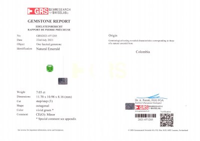 Certificate Unique Muzo Green emerald in asher cut 7.03 carats, Colombia