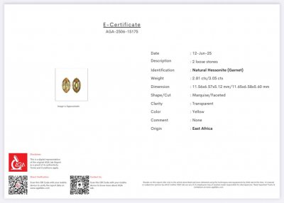 Certificate Pair of garnets hessonites marquise cut  5.86 carats, Africa