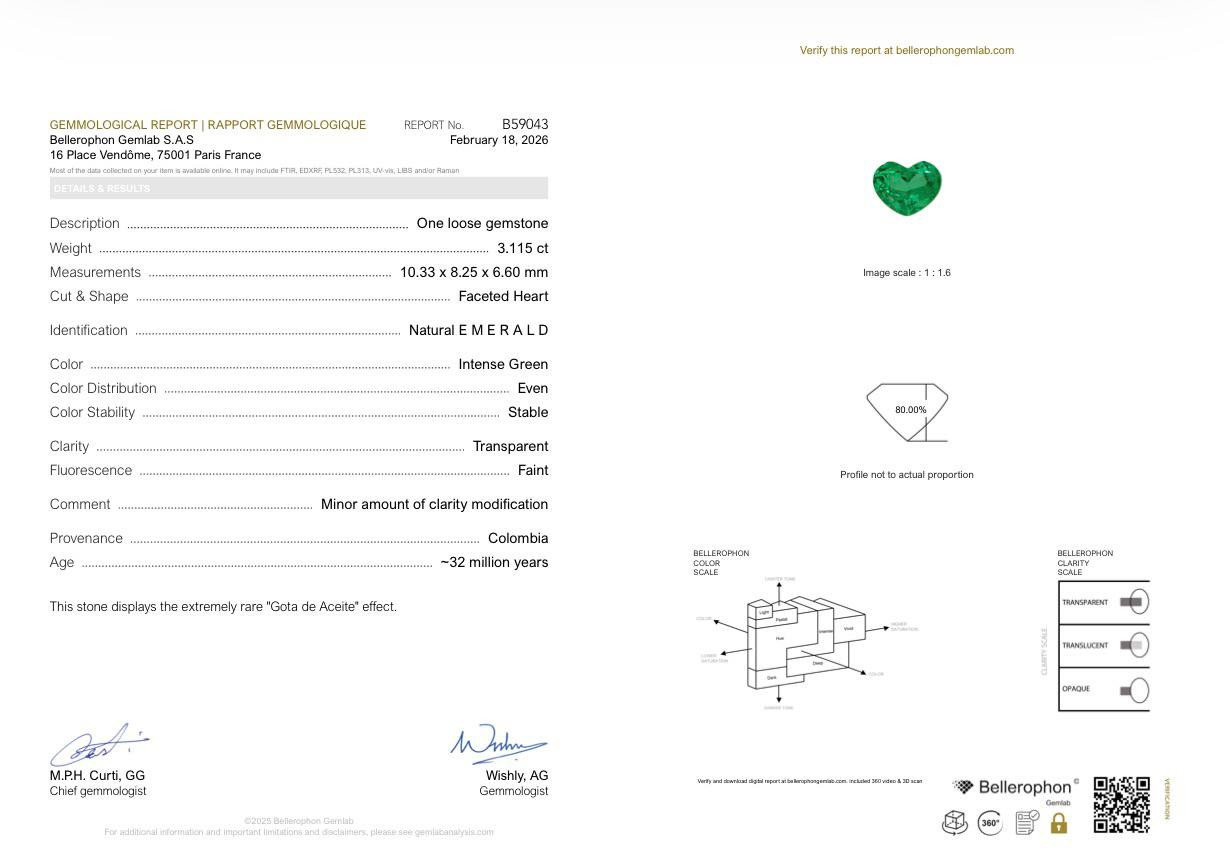 Intense Green emerald with rare effect Gota de Aceite in heart shape 3.11 carats, Colombia Image №6