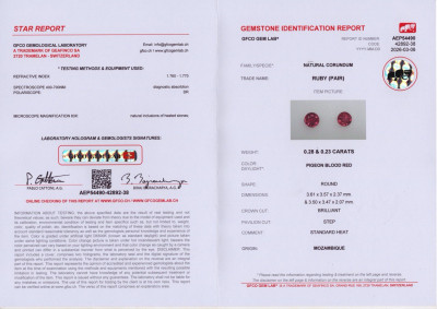 Certificate Pair of rubies Pigeon Blood Red round cut 0.51 carats, Mozambique 