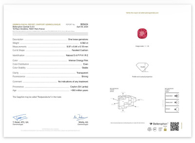 Certificate Unheated Padparadscha sapphire cushion cut 4.58 carats, Sri Lanka 