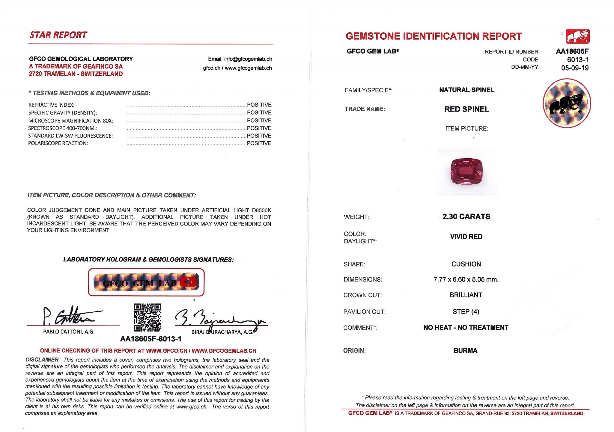 Burmese red spinel 2.30 ct, Mogok, GFCO Image №6