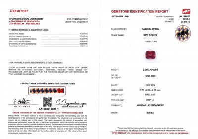 Certificate Burmese red spinel 2.30 ct, Mogok, GFCO