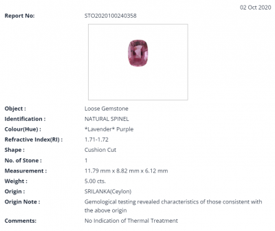 Certificate Cushion cut purple spinel 5.00 ct, Sri Lanka, GIL