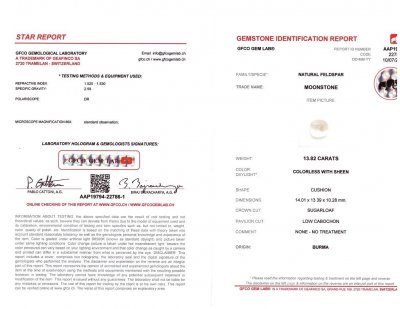 Certificate Sugar loaf moonstone 13.82 ct, Burma