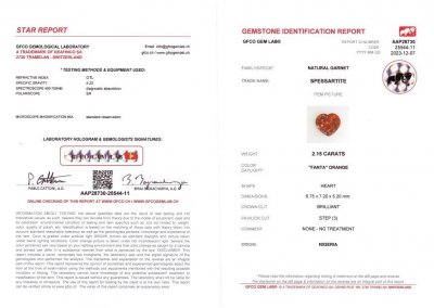 Certificate Vivid orange spessartine in heart shape 2.15 ct, Africa