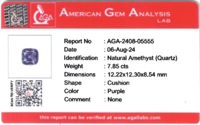 Certificate Cushion cut amethyst 7.85 carats, Brazil 