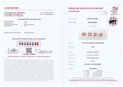 Certificate Pair of cushion cut spinels 1.43 ct, Tajikistan