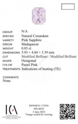 Certificate Pink radiant cut sapphire 0.85 carats, Madagascar