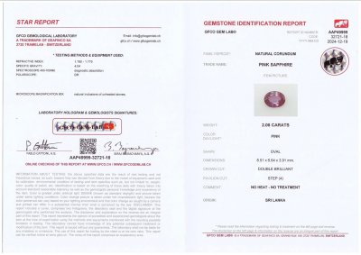 Certificate Unheated pink sapphire in oval cut 2.06 carats, Sri Lanka