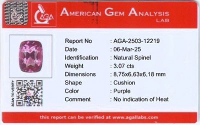 Certificate Purple spinel cushion cut 3.07carats,Tanzania